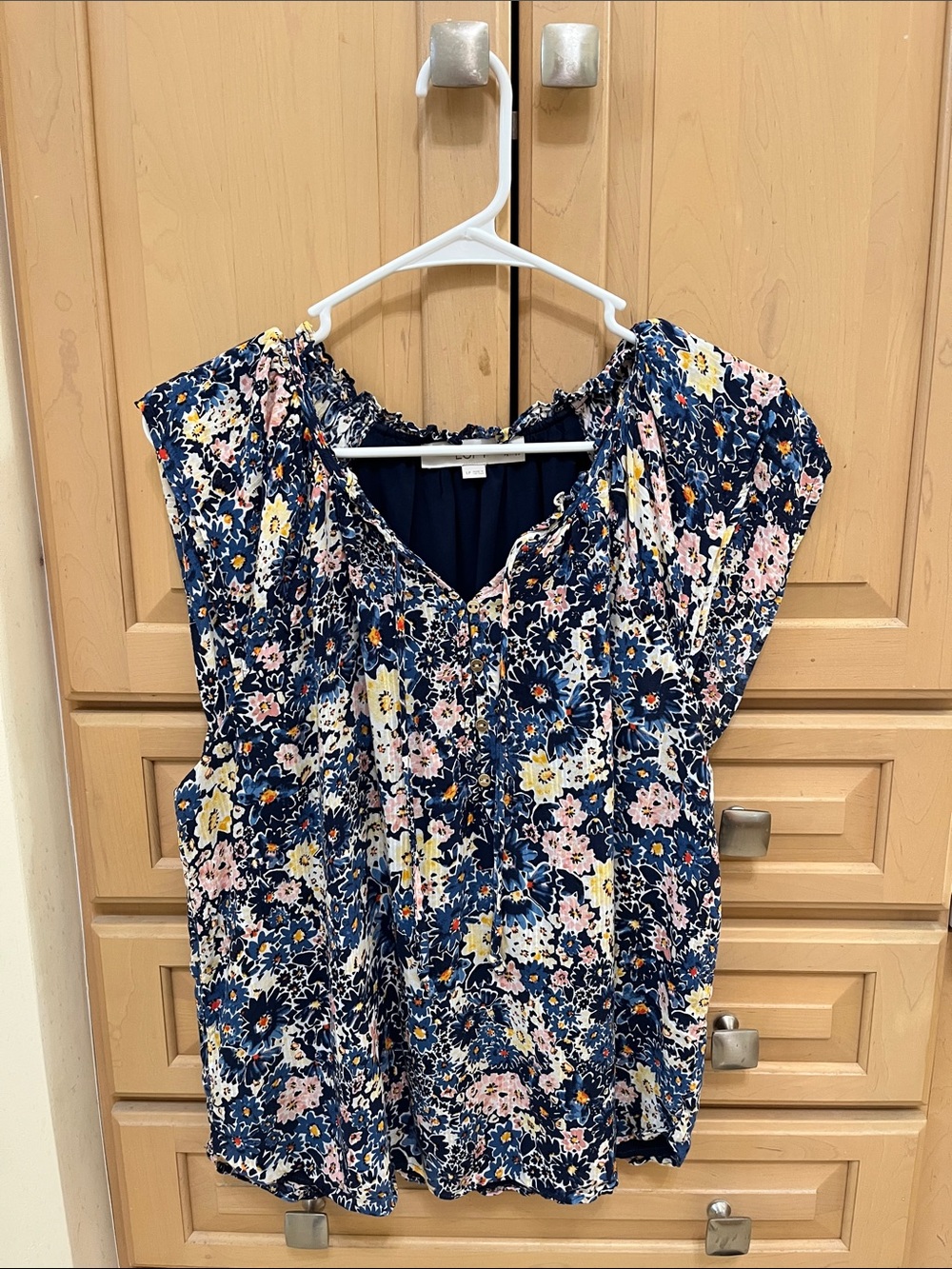 LOFT Navy Floral Cap-Sleeve Blouse
